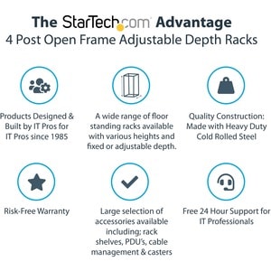 StarTech.com 42U Adjustable Depth Open Frame 4 Post Server Rack Cabinet - Flat Pack w/ Casters, Levelers and Cable Managem
