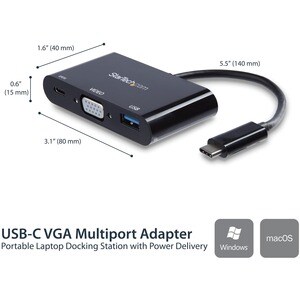StarTech.com USB-C VGA Multiport Adapter - USB-A Port - with Power Delivery (USB PD) - USB C Adapter Converter - USB C Don