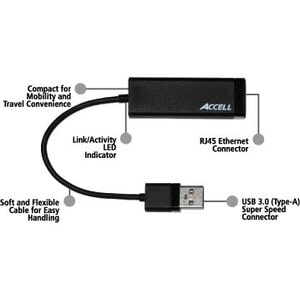 Accell USB 3.0 to Gigabit Ethernet Adapter - USB 3.0 Type A - 1 Port(s) - 1 - Twisted Pair - Retail - 10/100/1000Base-T - 