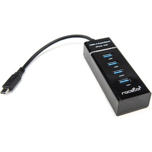 Rocstor Premium Slim Portable 4 Port Hub - USB-C to 4x USB-A Slim Hub - USB 3.0 Hub - Bus Powered - Black - USB C to USB T