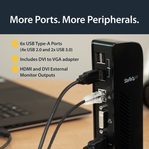 Dual Monitor USB 3.0 Laptop Docking Station with HDMI/DVI/VGA & 6xUSB Ports - Universal USB Dock for Mac & Windows - Black