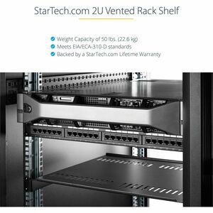 StarTech.com 2U 16in Universal Vented Rack Mount Cantilever Shelf - Fixed Server Rack Cabinet Shelf - 50lbs / 23kg - 22,68
