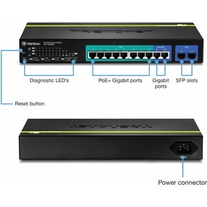 TRENDnet 10-Port Gigabit Web Smart PoE+ Switch, 8 x PoE+ Gigabit Ports, 2 x Gigabit Ethernet Ports, 2 x Shared SFP Slots, 