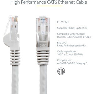 StarTech.com Cable de 0.5m Gris de Red Gigabit Cat6 Ethernet RJ45 sin Enganche - Snagless - Extremo Secundario: 1 x RJ-45 
