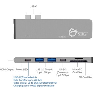 SIIG Thunderbolt 3 USB-C Hub HDMI with Card Reader & PD Adapter - Space Gray - SD, SDHC, SDXC, microSD, microSDHC, microSD