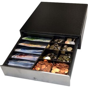 APG Cash Drawer ECD330 Cash Drawer - 5 Bill - 8 Coin - 2 Lock Position, Serial Port - Stainless Steel - Textured Black - 1