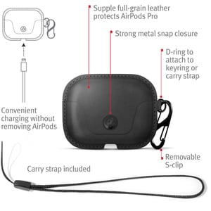 Twelve South AirSnap Pro Carrying Case Apple AirPods Pro - Black - Top Grain Leather, Metal, Full Grain Leather Body - Cli