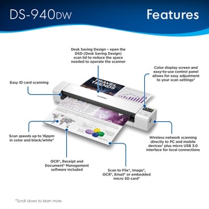 Brother DSMobile DS-940DW Sheetfed Scanner - 1200 dpi Optical - 48-bit Color - Duplex Scanning - USB