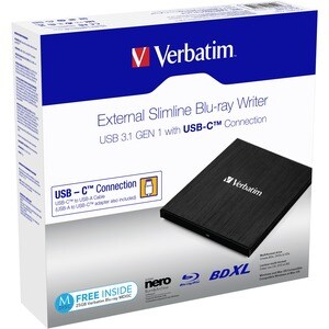 Verbatim Blu-ray Writer - External - BD-R/RE Support/6x BD Write/8x DVD Write - Double-layer Media Supported - USB 3.1 - S