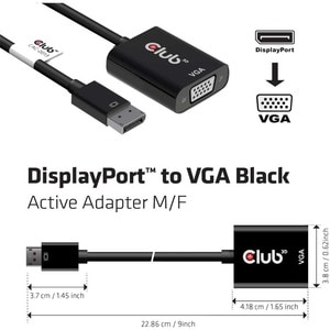 Club 3D DisplayPort to VGA Black Active Adapter M/F - 9" DisplayPort/VGA Video Cable for Video Device, Monitor, Projector,