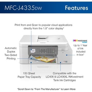 Brother INKvestment Tank MFC-J4335DW Inkjet Multifunction Printer-Color-Copier/Fax/Scanner-4800x1200 dpi Print-Automatic D