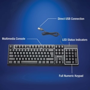 Verbatim Wired Keyboard and Mouse - USB Cable Keyboard - USB Mouse - 1000 dpi - Multimedia Hot Key(s) - Symmetrical - Comp