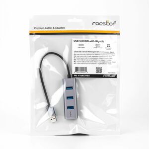 Rocstor Premium 3 Port Portable USB 3.0 Hub with Gigabit Ethernet 10/100/1000- External Portable 3 Port USB Hub with GbE A