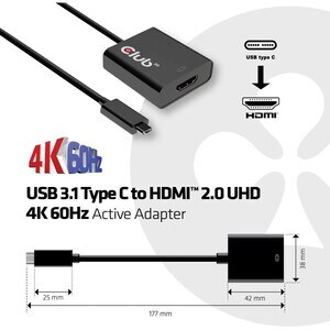 Club 3D USB 3.1 Type C to HDMI 2.0 UHD 4K 60HZ Active Adapter - USB 3.1 Type C - 1 x HDMI, HDMI
