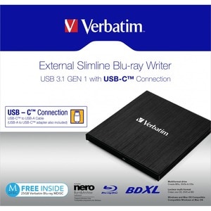 Verbatim Blu-ray Writer - BD-R/RE Support/6x BD Write/8x DVD Write - Double-layer Media Supported - USB 3.1 - Slimline - B
