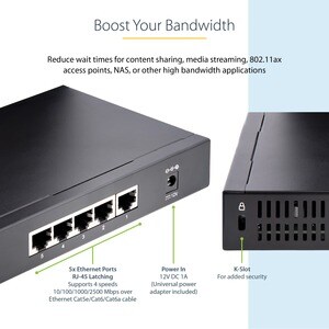 StarTech.com Unmanaged 2.5G Switch, 5 Port 2.5GBASE-T Unmanaged Ethernet Switch, Desk | Wall Mount Kit, Compatible w/ 10/1