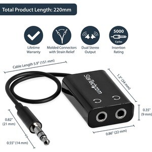 StarTech.com Black Slim Mini Jack Headphone Splitter Cable Adapter - 3.5mm Audio Mini Stereo Y Splitter - 3.5mm Male to 2x