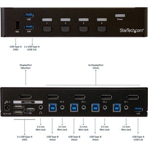 StarTech.com Switch Conmutador KVM de 4 Puertos DisplayPort 4K con USB 3.0 - 4 Ordenador(es) - 1 Usuarios locales - 3840 x