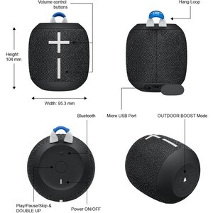 Ultimate Ears WONDER­BOOM 2 Portable Bluetooth Speaker System - Deep Space Black - 75 Hz to 20 kHz - 360° Circle Sound - B