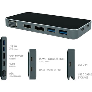 VisionTek VT200 USB-C Portable Dock - Dual Display - 100W Power Passthrough - TB3 / USB-C Portable docking Station - VGA -