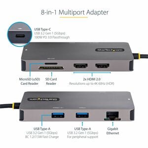 StarTech.com USB C Multiport Adapter, Dual HDMI, 4K 60Hz, 2x 5Gbps USB-A 3.1 Hub, 100W Power Delivery, GbE, SD/MicroSD, US