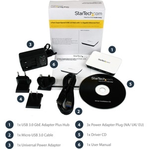 StarTech.com USB 3.0 to Gigabit Ethernet NIC Network Adapter with 3 Port Hub - White - 3 Total USB Port(s) - 3 USB 3.0 Por