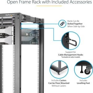 StarTech.com 42U Adjustable Depth Open Frame 4 Post Server Rack Cabinet - Flat Pack w/ Casters, Levelers and Cable Managem