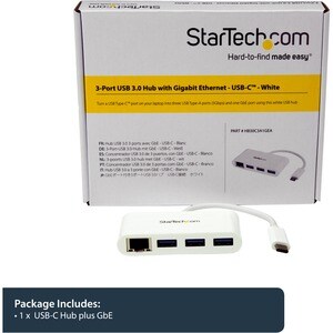 StarTech.com USB-C to Ethernet Adapter with 3 Port USB C Hub - Gigabit - White - Thunderbolt 3 Compatible - MacBook Pro 20