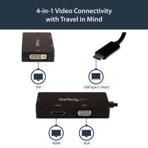 StarTech.com Adaptador USB-C de Vídeo Multipuertos - 3en1 - 4K 30Hz - Negro - USB tipo-C - HDMI - DVI - VGA - Cableado