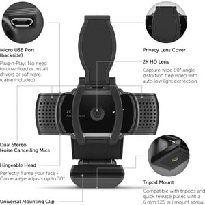 Aluratek AWC2KF Video Conferencing Camera - 5 Megapixel - 30 fps - Black, Gray - USB 2.0 - 2592 x 1944 Video - CMOS Sensor