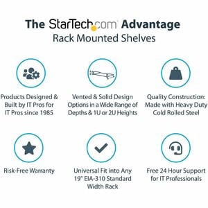 StarTech.com 2U 16in Universal Vented Rack Mount Cantilever Shelf - Fixed Server Rack Cabinet Shelf - 50lbs / 23kg - 22,68