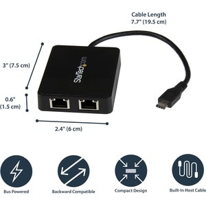 StarTech.com USB-C to Dual Gigabit Ethernet Adapter with USB 3.0 (Type-A) Port - USB Type-C Gigabit Network Adapter - USB 
