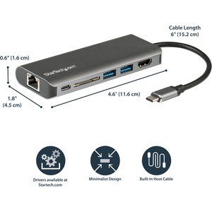 StarTech.com Adaptador Multipuertos con HDMI - 4K - Mac / Windows - Lector de Tarjetas SD - Hub USB C a USB 3.0 - 2x USB-A