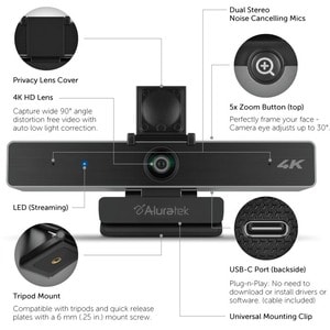 Aluratek LIVE Pro AWC4KF Video Conferencing Camera - 8 Megapixel - 30 fps - USB 2.0 - 3840 x 2160 Video - CMOS Sensor - Fi