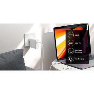 Alogic 1X100 Rapid Power 100W GaN Charger - 120 V AC, 230 V AC Input - 20 V/5 A, 5 V, 9 V, 15 V Output - White