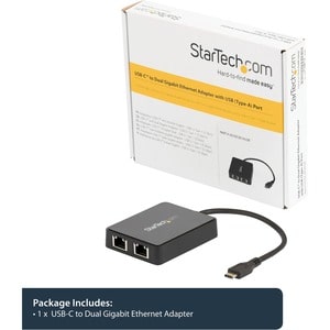 StarTech.com USB-C to Dual Gigabit Ethernet Adapter with USB 3.0 (Type-A) Port - USB Type-C Gigabit Network Adapter - USB 