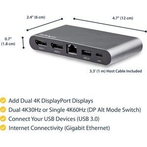 StarTech.com Adattatore Multiporta USB-C per doppio monitor - 2 x 4K DP - 100W PD 3.0 - 4 x Porte USB - 1 x USB 2.0 - 2 x 