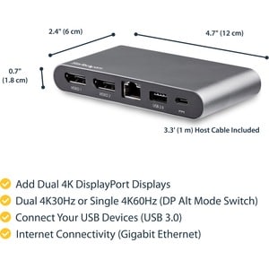 StarTech.com USB C Multiport Adapter - Dual 4K Monitor - Windows - USB-C to Dual DisplayPort Adapter - 2x USB-A Ports - 10