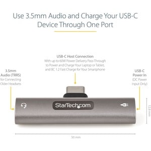 StarTech.com Caricatore e Adattatore USB C Jack audio per cuffie con jack 3.5mm. Caricabatterie USB-C PD 60W - Telefono/ta