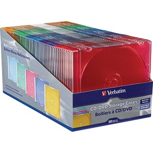 Verbatim CD/DVD Color Slim Jewel Cases, Assorted - 50pk - Jewel Case - Book Fold - Plastic - Blue, Green, Yellow, Purple, 