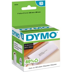 Dymo White Address Labels - 3 1/2" Width x 1 1/8" Length - Permanent Adhesive - Rectangle - Direct Thermal - White - Paper