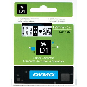 Dymo 45013 Standard D1 Labelling Tape - 12 mm - Permanent Adhesive - Rectangle - Thermal Transfer - White, Black - 1