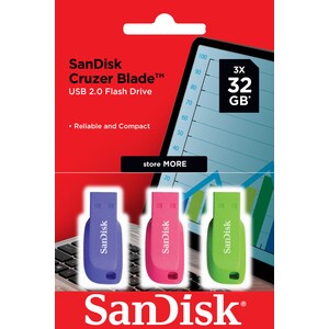 SanDisk Cruzer Blade 32 GB USB 2.0 Type A Flash Drive - Blue, Pink, Green - 128-bit AES - 3 / Pack