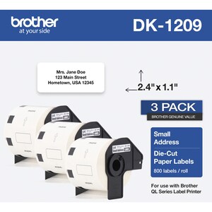 Brother DK Address Label - 2 2/5" x 1 1/10" Length - Rectangle - Thermal - Paper - 800 / Roll - 3 / Roll