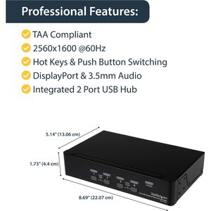 StarTech.com 4 Port DisplayPort KVM Switch w/ Audio - USB, Keyboard, Video, Mouse, Computer Switch Box for 2560x1600 DP Mo
