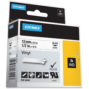 Dymo RhinoPRO 18444 Data Cartridge Label - 12 mm Width - Permanent Adhesive - Rectangle - Thermal Transfer - White, Black 