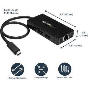 StarTech.com USB/Ethernet Combo Hub - USB Type C - External - Black - TAA Compliant - 3 Total USB Port(s) - 3 USB 3.0 Port
