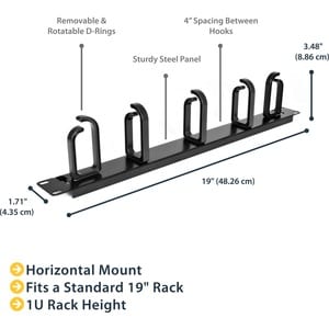 19” Server Rack Cable Management Panel w/ D-Ring Hooks - 1U Horizontal or Vertical Wire and Cord Manager - Metal (CABLMANA