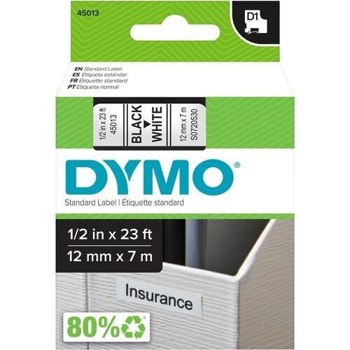 Dymo D1 Electronic Tape Cartridge - 1/2" Width - Thermal Transfer - White - Polyester - 1 Each