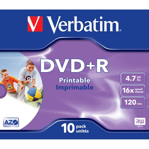 Verbatim 43508 DVD Recordable Media - DVD+R - 16x - 4.70 GB - 10 Pack Jewel Case - 120mm - Printable - 2 Hour Maximum Reco